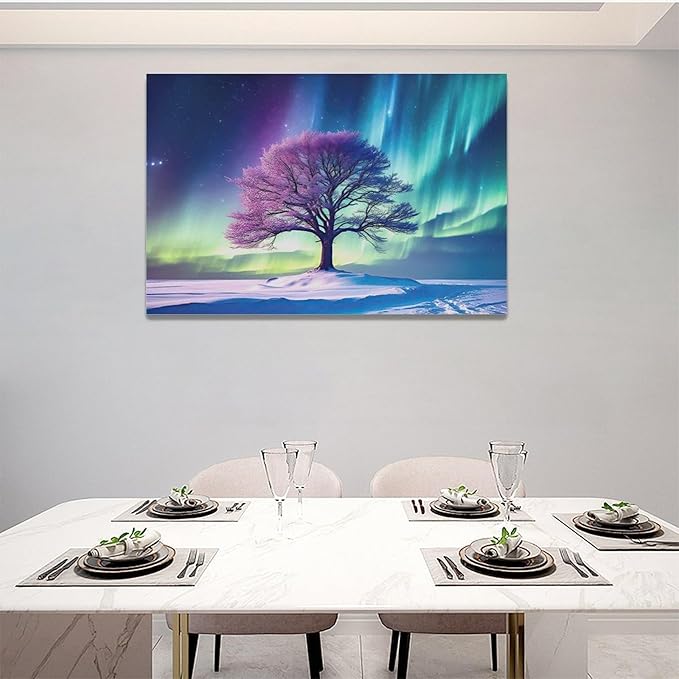 Northern Lights Bathroom Decor Aurora Wall Art Tree canvas Snow Painting Canvas Prints Framed Artwork for Bathroom kitchen Bedroom Living Room 24"x16"