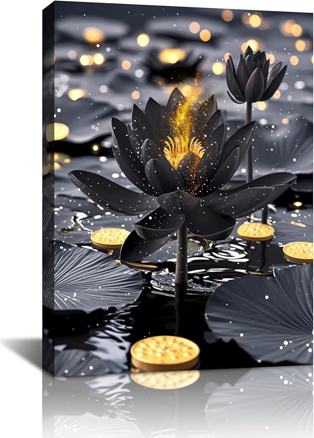 Framed Black and Gold Lotus Floral Wall Art Prints,Black Lotus Art Blooming in Water for Zen Office Decor Wall Art,Modern Meditation Poster Yoga SPA Room Bathroom Home Decor(12"x16")