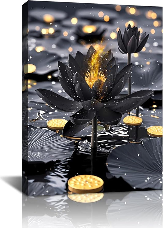Framed Black and Gold Lotus Floral Wall Art Prints,Black Lotus Art Blooming in Water for Zen Office Decor Wall Art,Modern Meditation Poster Yoga SPA Room Bathroom Home Decor(12"x16")