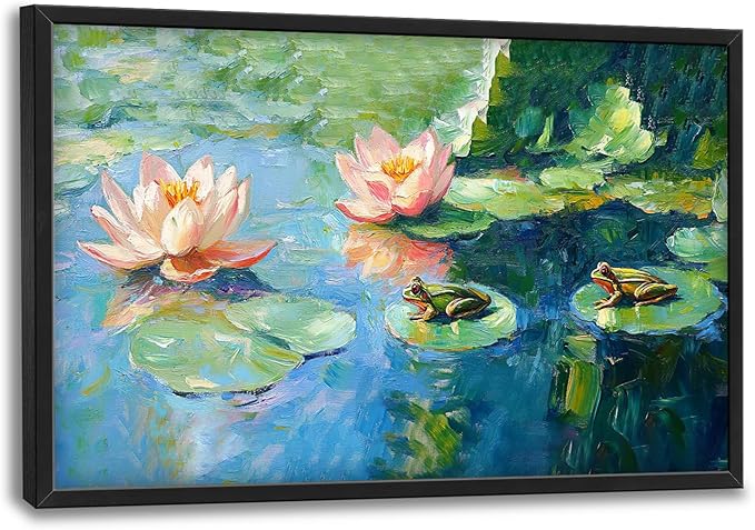 SweetFox Extra Large Frog Lilly Framed Wall Art for Living Room, Colorful Lotus Pictures Oversized Wall Decor Abstract Big Canvas Painting Print Home Artworks for Bathroom Master Bedroom 36L X 24W