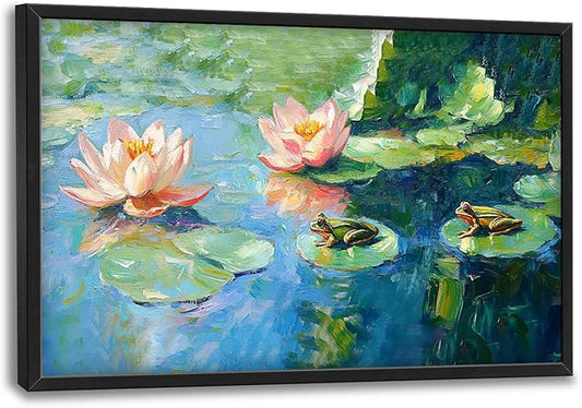 SweetFox Extra Large Frog Lilly Framed Wall Art for Living Room, Colorful Lotus Pictures Oversized Wall Decor Abstract Big Canvas Painting Print Home Artworks for Bathroom Master Bedroom 36L X 24W