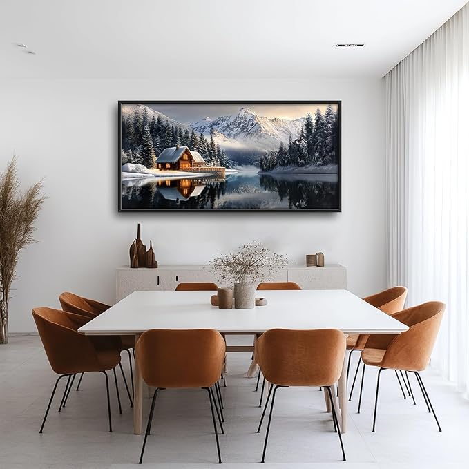 Winter Large Wall Art Mountain Lake Log Cabin Nature Pictures Wall Decor Landscape Canvas Prints Paintings Home Office Decorations Above Bed Framed Artwork for Living Room Dinning Room 60"x30"