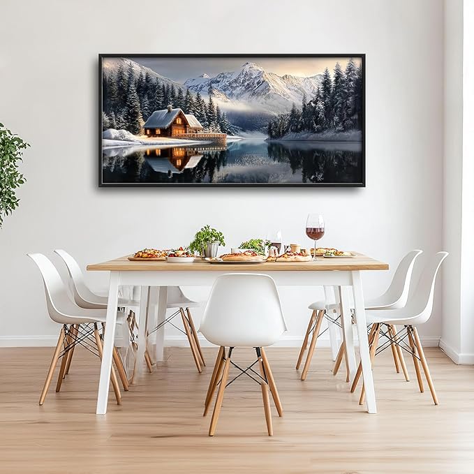 Winter Large Wall Art Mountain Lake Log Cabin Nature Pictures Wall Decor Landscape Canvas Prints Paintings Home Office Decorations Above Bed Framed Artwork for Living Room Dinning Room 60"x30"