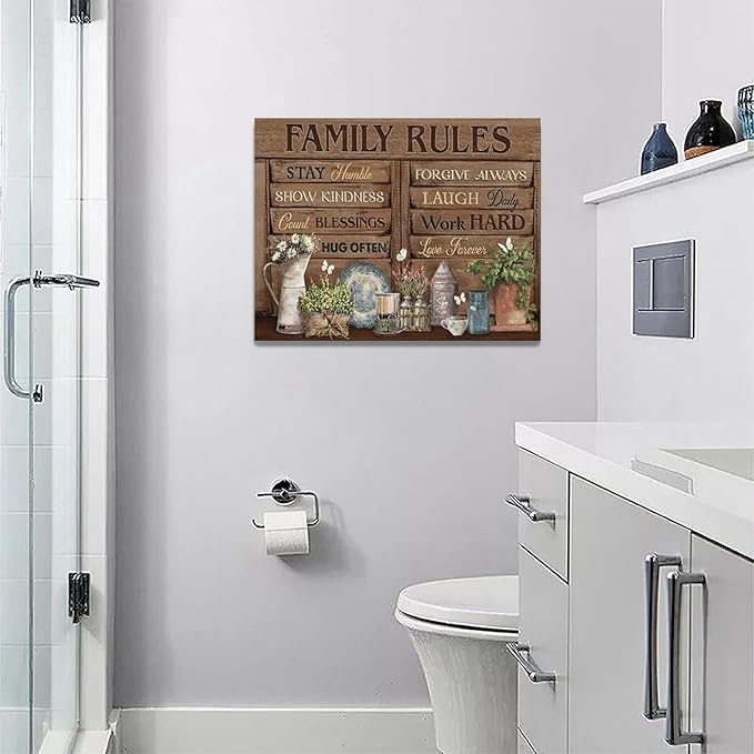 Country Family Rules Wall Art Farmhouse Inspiration Wall Decor Rustic Flower Home Sign Pictures Canvas Painting Artwork Home Decorations For Living Room Bedroom Bathroom Office 16"x12"