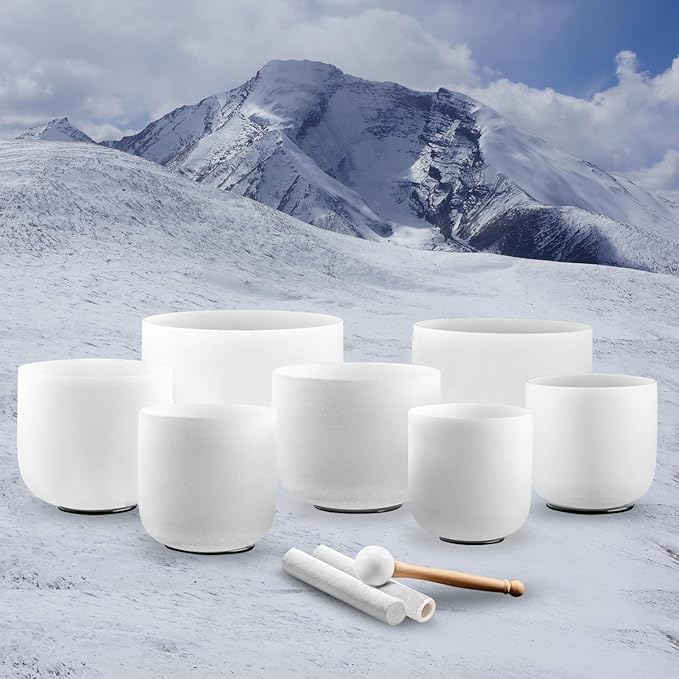 KRESEC 440Hz 7-12 Inch Crystal Singing Bowls Set of 7 – Chakra Tuned Quartz Sound Bowls for Meditation, Yoga & Reiki with Padded Cases, Suede Mallets & Silicone O-Rings