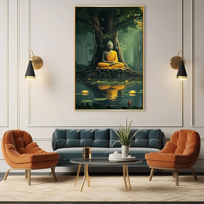 Buddha Canvas Wall Art, Buddha in the Green Jungle Painting Print Poster, Zen Statue Art Pictures Artwork, Meditation Buddhism Wall Decor for Yoga Room, Living Room (Black Framed, 20x30in|51x76cm)