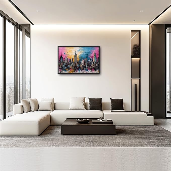 Glocmna Large Wall Art for Living Room Banksy Street Graffiti New York City Wall Decor Modern Skyline Cityscape Pictures Painting Big Canvas Print Framed Artwork Decorations Home Office Bedroom 24"x36"