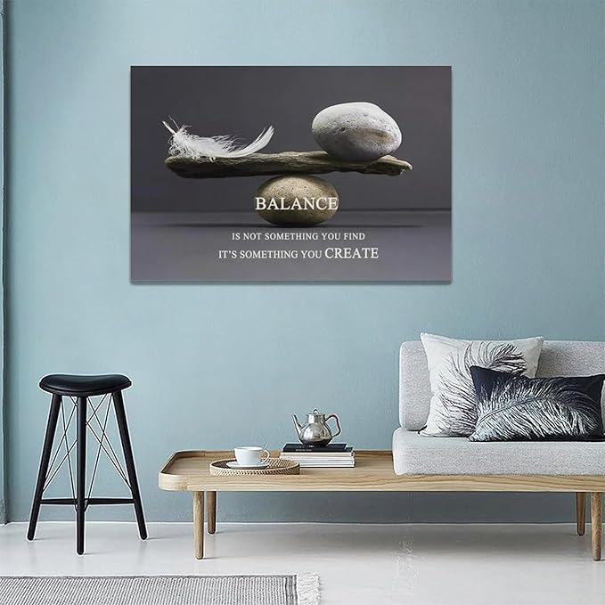Zen Stone Wall Art Meditation Spiritual Wall Decor Inspirational Balance Feather Pictures Canvas Prints Framed Home Decorations Painting Artwork for Living Room Bedroom Office Bathroom 24"x16"