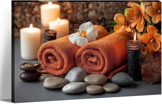 KPLUNDO Zen Canvas Wall Art - Candle Spa Stones with Towel on Wood Table Picture Orchid Meditation Spiritual Relax Painting Prints for Bathroom Home Decor Frame(20.00x30.00 inch)