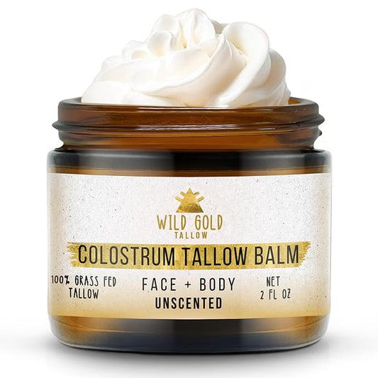 100% Grass Fed Tallow Balm with Colostrum & Emu Oil - Handmade Whipped Beef Tallow for Face and Body, Sensitive Skin Tallow Moisturizer made with True First Colostrum, (Unscented)