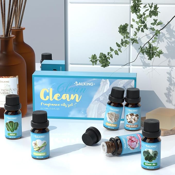 SALKING Clean Fragrance Oils Set, Premium Essential Oil for Diffuser, Scented Oil Gift Set for Soap Candle Making - Lemongrass, Fresh Cotton, Fresh Linen, Cherry Blossom Soap, Clean Air, Aloe
