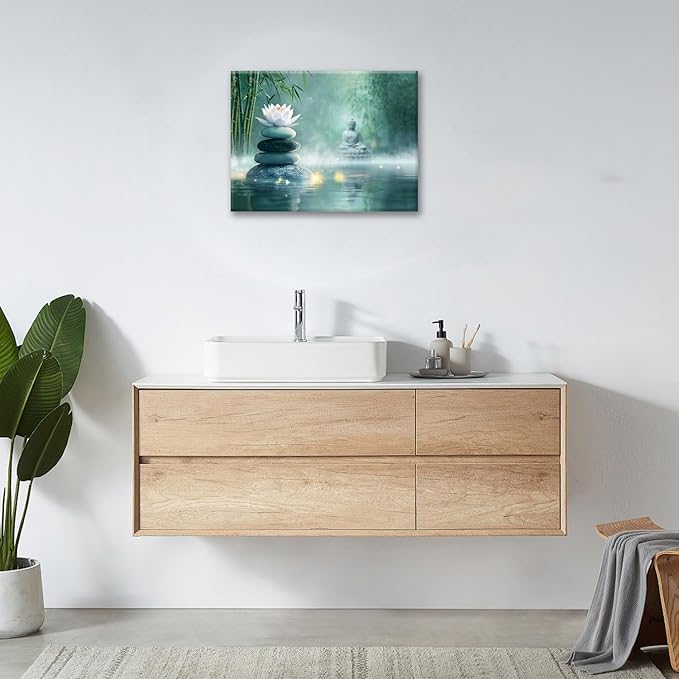 Olivine Zen Decor Wall Art, Lotus Pictures Wall Decor, Stones Flower Bloom Canvas Prints Painting, Framed Artwork for Meditation Bathroom Bedroom Living Room Office Home Decoration 16"x12"