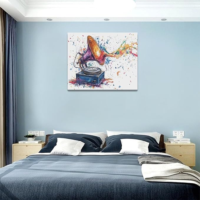 Fleruku Watercolor Phonograph Wall Art Colorful Phonograph Wall Decor Pictures Canvas Painting Artwork Home Decorations for Living Room Bedroom Bathroom Office Nursery Classroom 20"x16"
