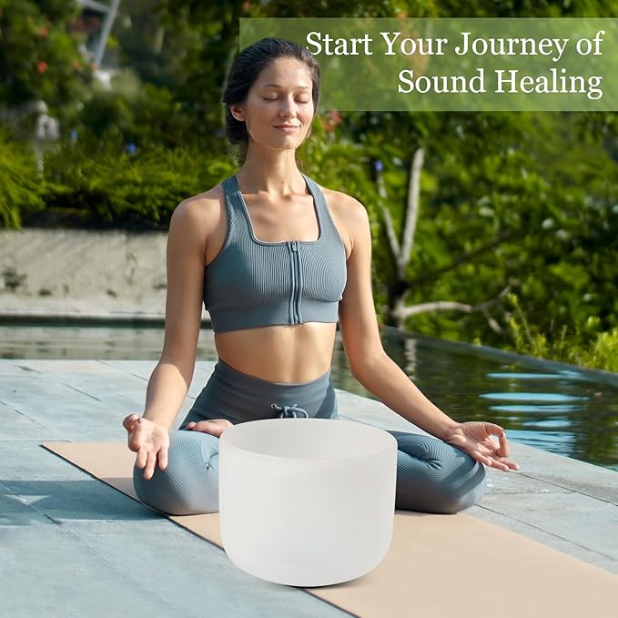 432HZ 11 Inchs Frosted Crystal Singing Bowl Set for Meditation Healing Yoga Chakra Quartz Crystal Sound Bowls with Heavy Duty Carry Case and Rubber Mallet,Suede Striker,O-rings