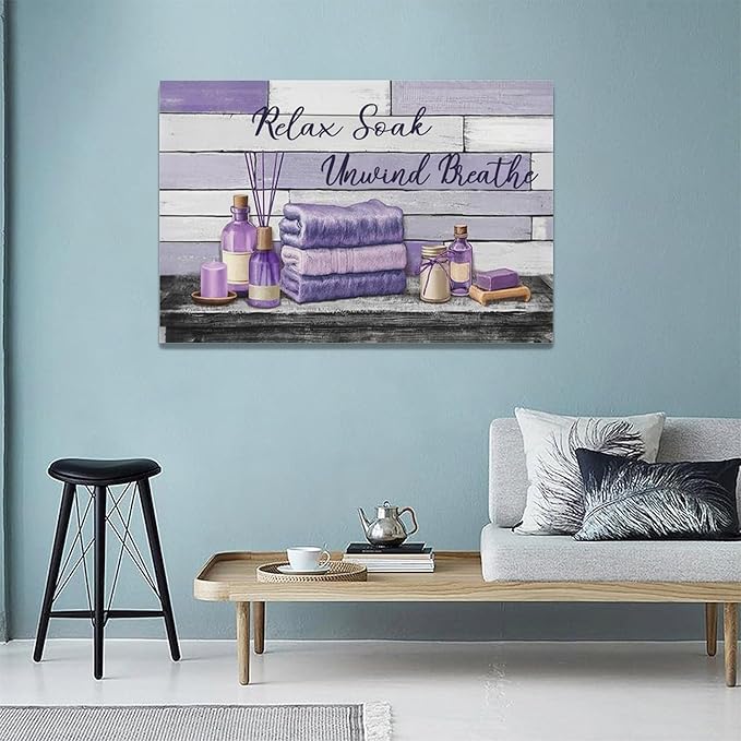 Farmhouse Bathroom Wall Art Relax Soak Unwind Breathe Wall Decor Rustic Bathroom Pictures Canvas Painting Framed Artwork Purple Country Home Decorations for Toilet Lavatory 24"x16"