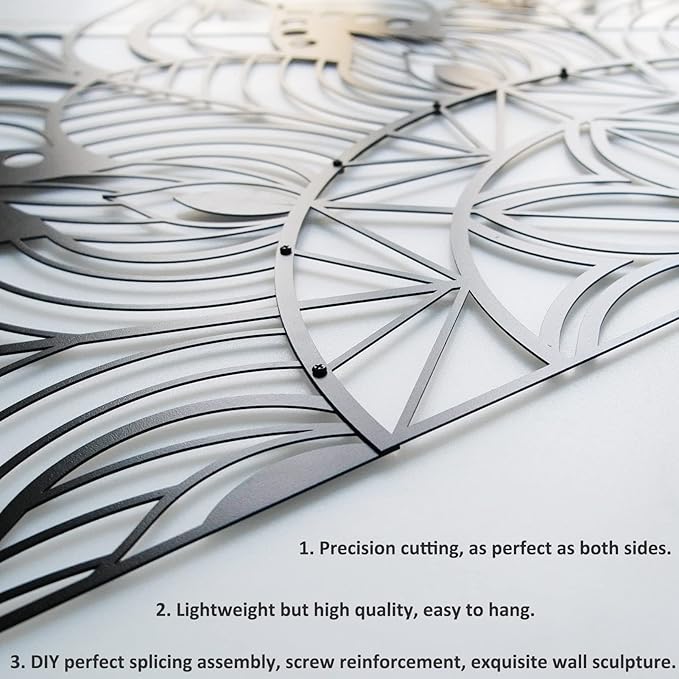 Resama Large Metal Mandala Wall Decor, Unique Lotus Flower Wall Art, Suitable for Office and Home Indoor and Outdoor Decoration (Black, 59‘’x29.5‘’/ 150x75cm)