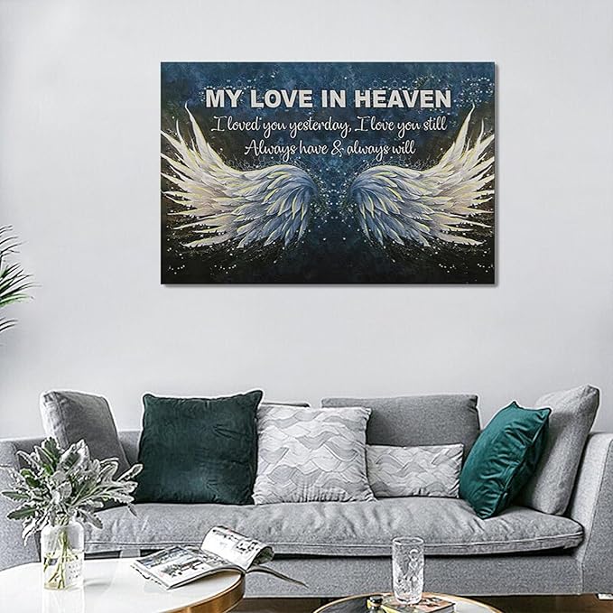 Fleruku Angel Wings Wall Art Memorial Motivational Wall Decor Wings My Love In Heaven Pictures Canvas Painting Artwork Home Decorations for Living Room Bedroom Bathroom Office 24"x16"