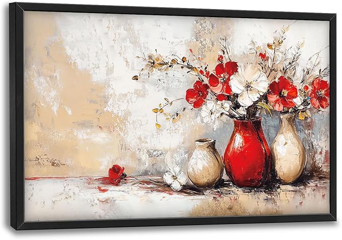 SweetFox Extra Large Vases with Flowers Framed Wall Art for Living Room, Farmhouse Flower Pictures Oversized Wall Decor Abstract Canvas Painting Print Artwork for Bathroom Master Bedroom 36L X 24W