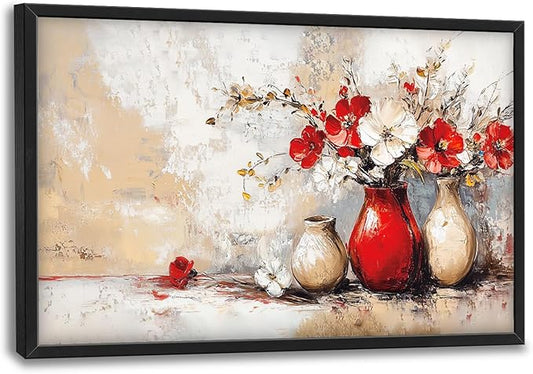 SweetFox Extra Large Vases with Flowers Framed Wall Art for Living Room, Farmhouse Flower Pictures Oversized Wall Decor Abstract Canvas Painting Print Artwork for Bathroom Master Bedroom 36L X 24W