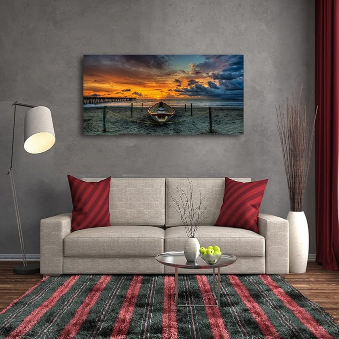 Beach Themed Wall Art Canvas Prints Seascape Poster Bathroom Décor Boat Ocean Sunset Landscape Paintings for Bedroom Dining Room Home Kitchen Decorations Natural Artwork 20x40 Picture Wooden Frames