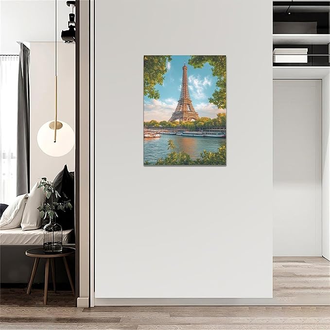 Eiffel Tower Wall Art Paris Eiffel Tower Wall Decor Cityscape Pictures Canvas Painting Framed Artwork Home Decorations for Bathroom Living Room Bedroom Office Kitchen 12"x16"
