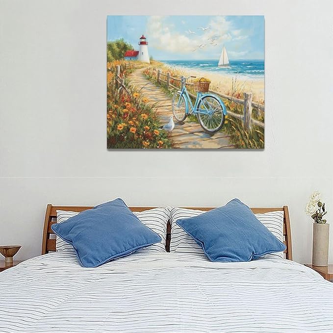 Olivine Coastal Wall Art, Beach Bicycle Pictures Wall Decor, Lighthouse Painting, Ocean Seascape Canvas Prints, Framed Artwork for Living Room Bedroom Bathroom Kitchen Office Home Decoration 24"x20"