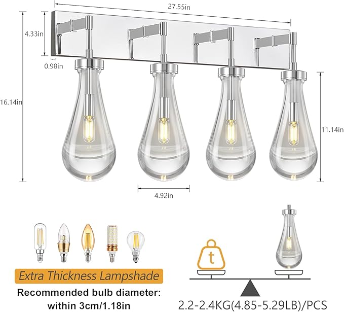 Raindrop Wall Sconces Chrome Crystal Sconces Wall Decor Modern Brass Lighting Glass Bathroom Sconces Indoor Vanity Light Wall Lamp for Bedroom Living Room Stair(4-Light)