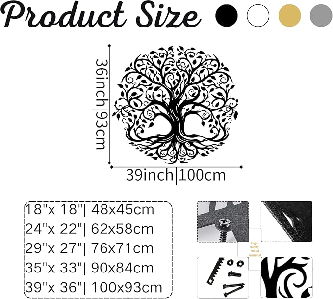 Yemwot Metal Tree of Life Wall Decor, Circle of Life Metal Trees Wall Art, Branch Art, Spiritual Decor, Modern Sculpture Decoration, Living Room Bedroom Decoration (Black-Tree 2, 39"x 36"| 100x91cm)