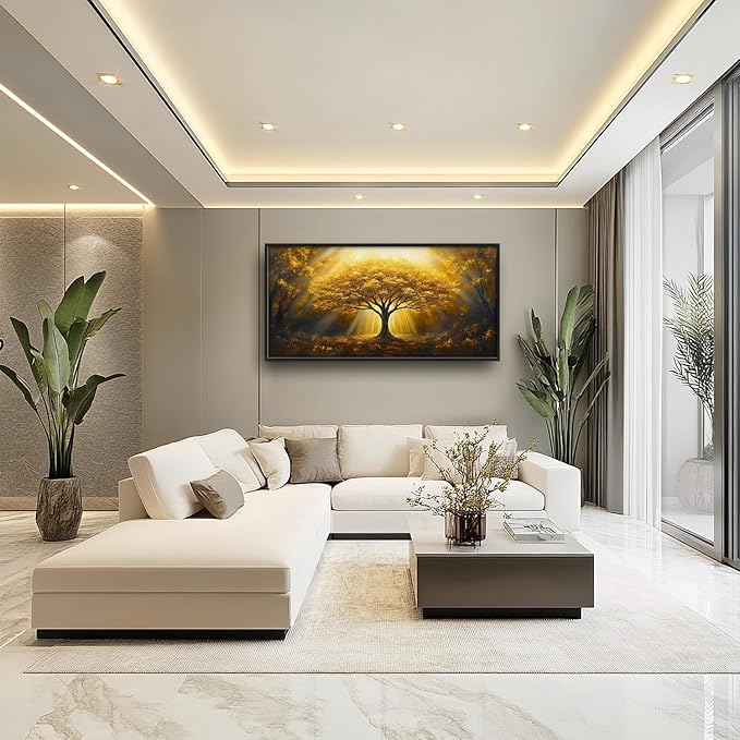SweetFox Extra Large Tree of Life Framed Wall Art for Living Room, Golden Tree Forest Pictures Oversized Wall Decor Abstract Canvas Painting Print Artwork for Bathroom Master Bedroom 60L X 30W