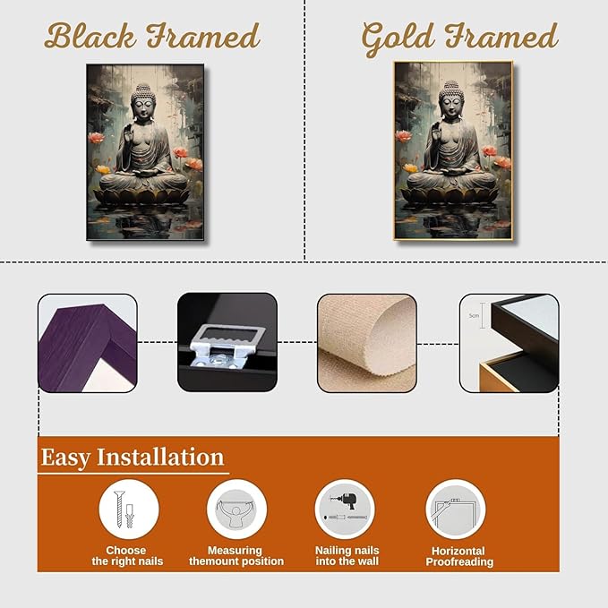 Buddha Wall Art, Buddha with Lotus Flower Canvas Wall Art, Zen Canvas Painting, Spiritual Picture Print Decor, Meditation Print Decor, Yoga Room, Living Room Hangings (Black Framed, 24"x36"| 61x91cm)