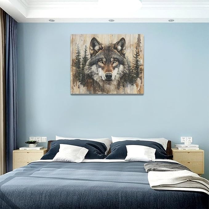 Vintage Wolf Wall Art Farmhouse Wildlife Wall Decor Country Animal Pictures Canvas Painting Artwork Home Decorations for Living Room Bedroom Bathroom Office 20"x16"