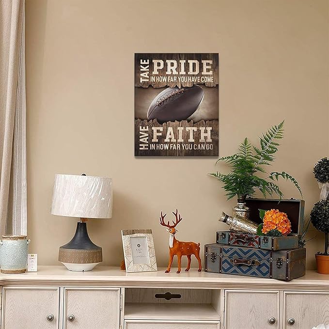 Fleruku Rustic Football Wall Art Sports Wall Decor Inspirational Quotes Brown Pictures Football Sign Canvas Painting Artwork Home Decorations for Boy Man Teenager Fans Bedroom Living Room 16"x20"