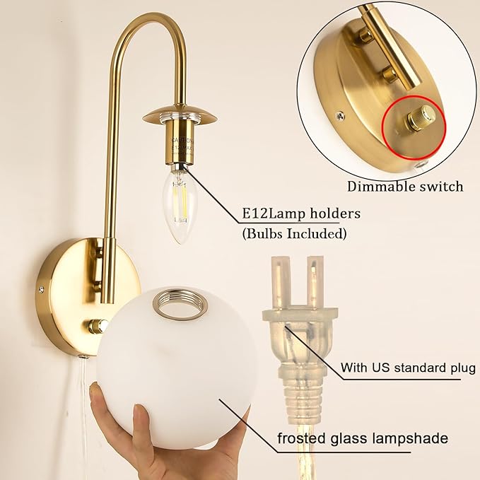 Plug in Wall Sconces Decor Set of Two, Modern Gold Globe Wall Lamp, Stepless Dimmable Gooseneck Wall Light for Living Room Bedroom Hallway, Milky White Glass Shade, 2-Pack E12 Bulb, Optional Hardwired