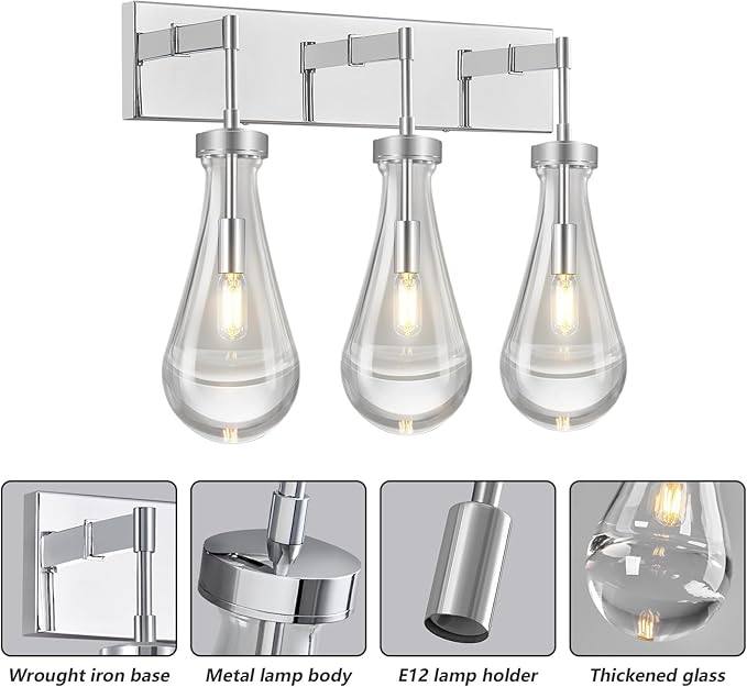 Raindrop Wall Sconces Chrome Crystal Sconces Wall Decor Modern Brass Lighting Glass Bathroom Sconces Indoor Vanity Light Wall Lamp for Bedroom Living Room Stair(3-Light)
