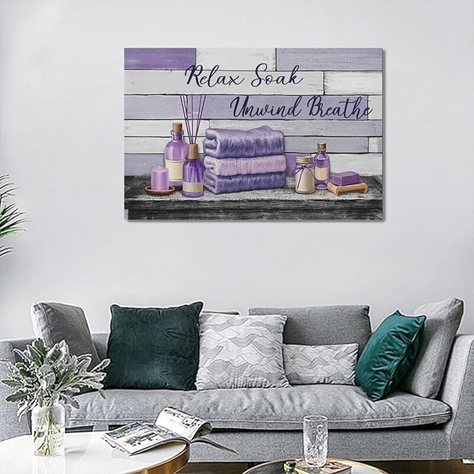 Farmhouse Bathroom Wall Art Relax Soak Unwind Breathe Wall Decor Rustic Bathroom Pictures Canvas Painting Framed Artwork Purple Country Home Decorations for Toilet Lavatory 24"x16"