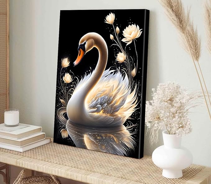 Abstract Gold Patterned Swan Wall Art,Framed Swan Wall Art Prints,White Swan Golden Lotus Flowers Vintage Painting Canvas Wall Art Prints for Bedroom Bathroom Wall Decor(12''x16'')