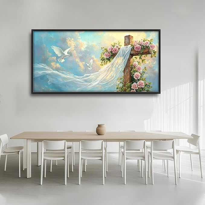 Cross Large Wall Art Christian Religious Pictures Wall Decor Rose Dove Big Canvas Painting Prints Framed Artwork Home Church Decorations Above Bed for Prayer Bedroom Living Room Dining Room 60"x30"
