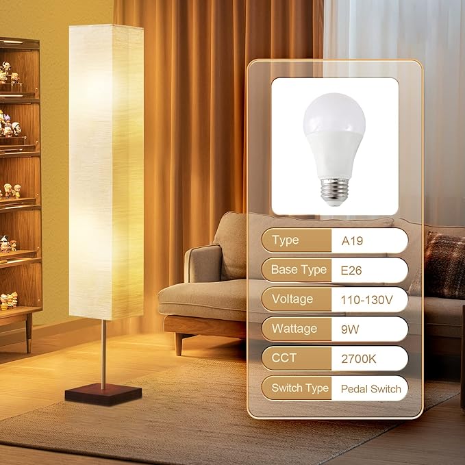 GyroVu Floor Lamp for Living Room, 3 Color Temperature Column Tall Lamp, Standing Lamp with Walnut Base Corner Floor Lamp for Bedroom, Office& Living Room-Beige(Bulbs Included)