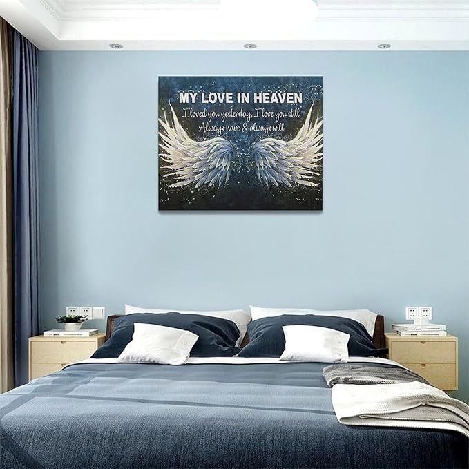 Fleruku Angel Wings Wall Art Memorial Motivational Wall Decor Wings My Love In Heaven Pictures Canvas Painting Artwork Home Decorations for Living Room Bedroom Bathroom Office 20"x16"
