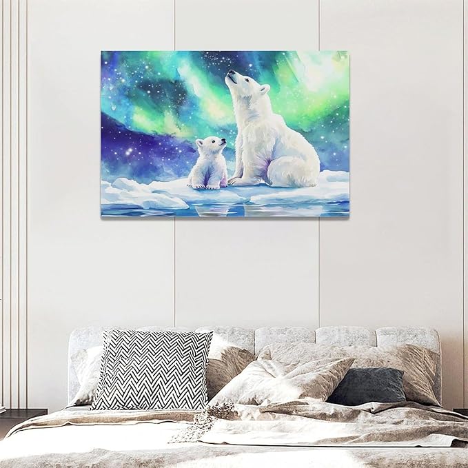 Olivine Polar Bear Wall Art, Northern Lights Pictures Wall Decor,Watercolor Polar Landscape Canvas Prints Paintings, Framed Artwork for Bathroom Bedroom Living Room Office Home Decoration 24"x16"