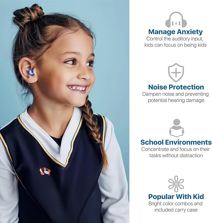 Ear Plugs for Kids (6-12 yrs) & Adults with Small Ear Canal - Noise Reduction Earplugs for Airplane, Focus, Travel, Concert, Socializing Sports, Noise Sensitivity, 8 Tips in XS/S/M/L, 26 dB