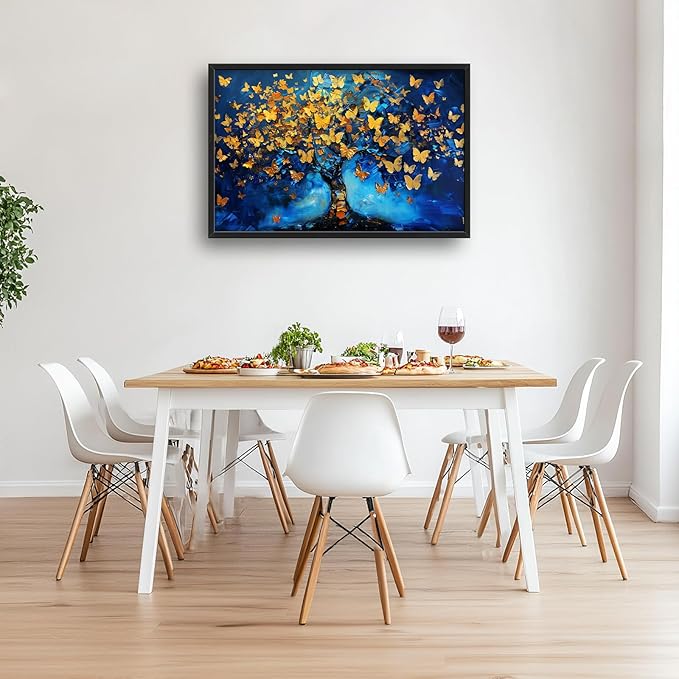 Blue Canvas Wall Art Golden Butterfly Tree Pictures Wall Decor Above Bed Framed Artwork Paintings Home Office Decorations for Living Room Bedroom Dinning Room Kitchen 36"x24"
