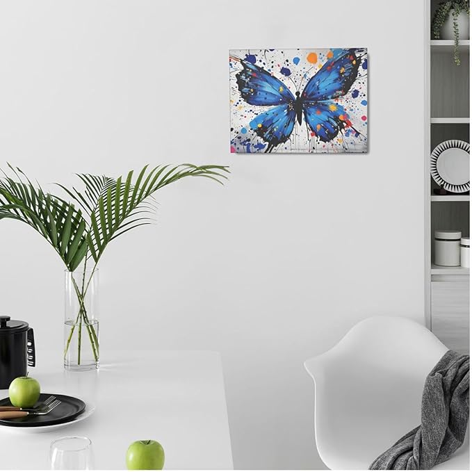 Banksy Butterfly Wall Art Blue Butterfly Street Art Graffiti Wall Decor Pictures Painting Canvas Artwork Framed Decoration Gifts for Women Girl Living Room Bedroom Office 12"x16"