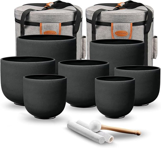 Ryan Dvan 7-12 Inch Black 7 Crystal Singing Bowl Set Frosted Quartz Crystal Sound Therapy Kit with Mallets 2 Cases O-Ring for Yoga Meditation Energy Balancing Reiki Healing