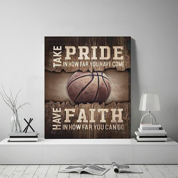 Fleruku Rustic Basketball Wall Art Sports Wall Decor Inspirational Quotes Brown Pictures Basketball Sign Canvas Painting Artwork Home Decorations For Boy Man Teenager Fans Bedroom Living Room 20"x24"