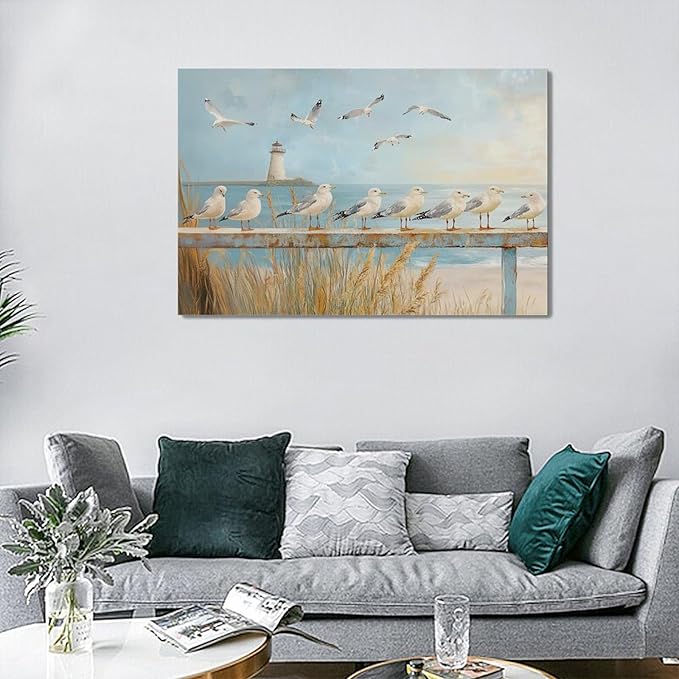 Olivine Beach Wall Art, Coastal Seagull Lighthouse Bathroom Pictures, Nautical Canvas Prints Painting for Living Room Bedroom Dinning Room Kitchen 24x16 Inch Framed