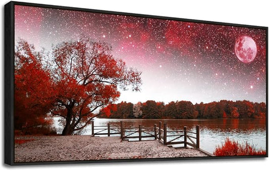 Framed Canvas Wall Art For Living Room Large Size Wall Decor For Bedroom Red Tree Moon Wall Pictures Starry Sky Landscape Wall Painting Office Decor Girl'S Room Home Decoration Black Framed 24" X 48"