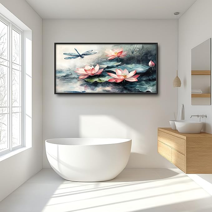 Large Lotus Dragonfly Wall Art for Living Room, Rusitc Floral Canvas Wall Decor, Pink Flowers Pictures Framed Painting, Natural Landscape Artwork for Bedroom Office 60L'' × 30W''