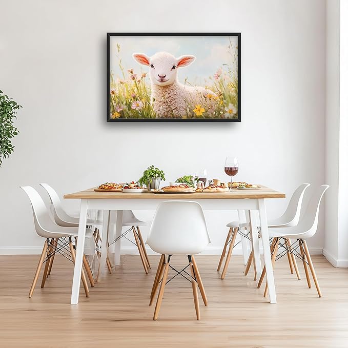 Kylora Lamb Wall Art Sheep Pictures Wall Decor Flower Field Prints Modern Artwork Christian Painting Home Office Decorations For Kitchen Bathroom Bedroom Dining Living Room 36"x24"
