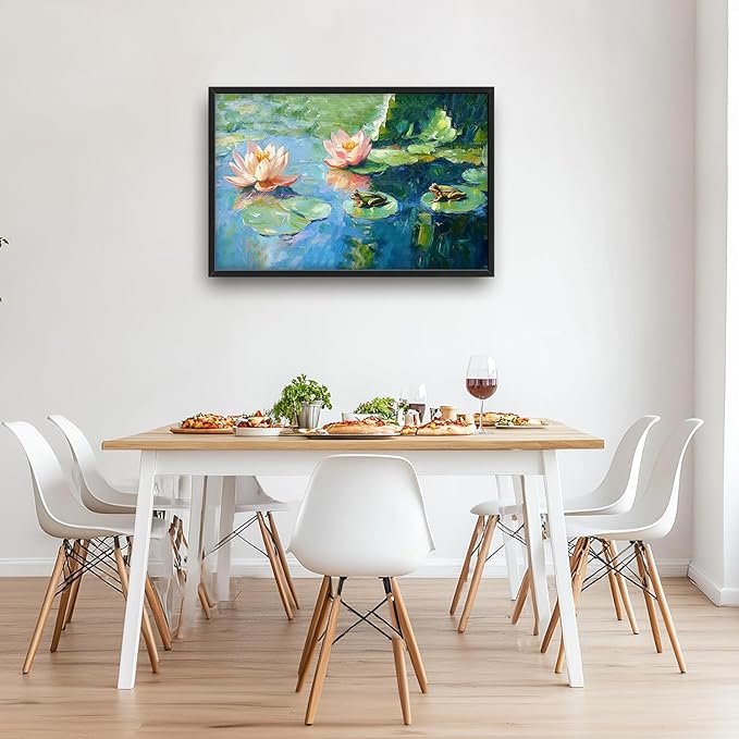 SweetFox Extra Large Frog Lilly Framed Wall Art for Living Room, Colorful Lotus Pictures Oversized Wall Decor Abstract Big Canvas Painting Print Home Artworks for Bathroom Master Bedroom 36L X 24W